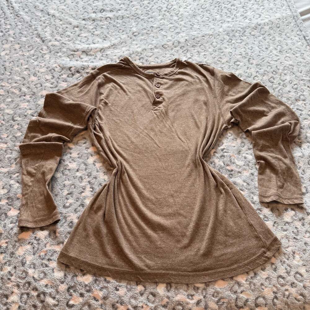 ALPHA BETA Women's Brown Long Sleeve Henley T-Shirt Size Large